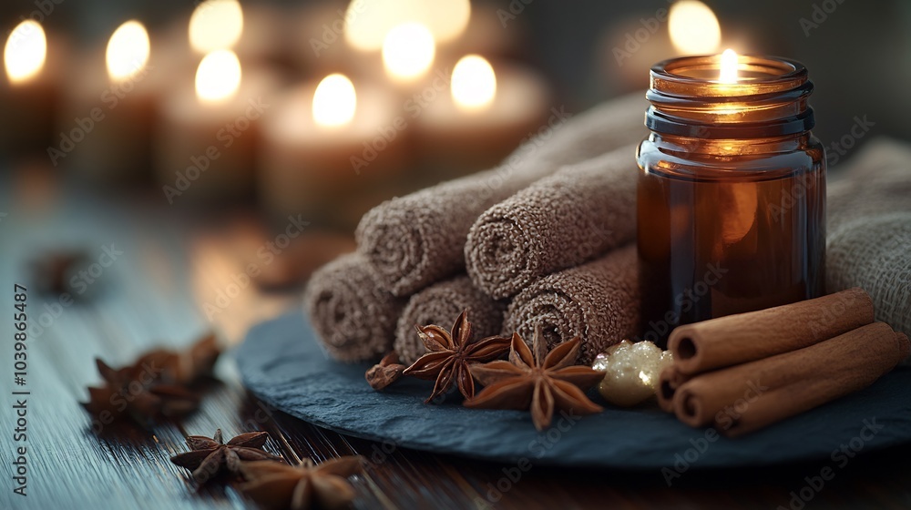 Aufkleber soothing display of cinnamon aromatic essential oil and cinnamon sticks arranged on a dark brown woo