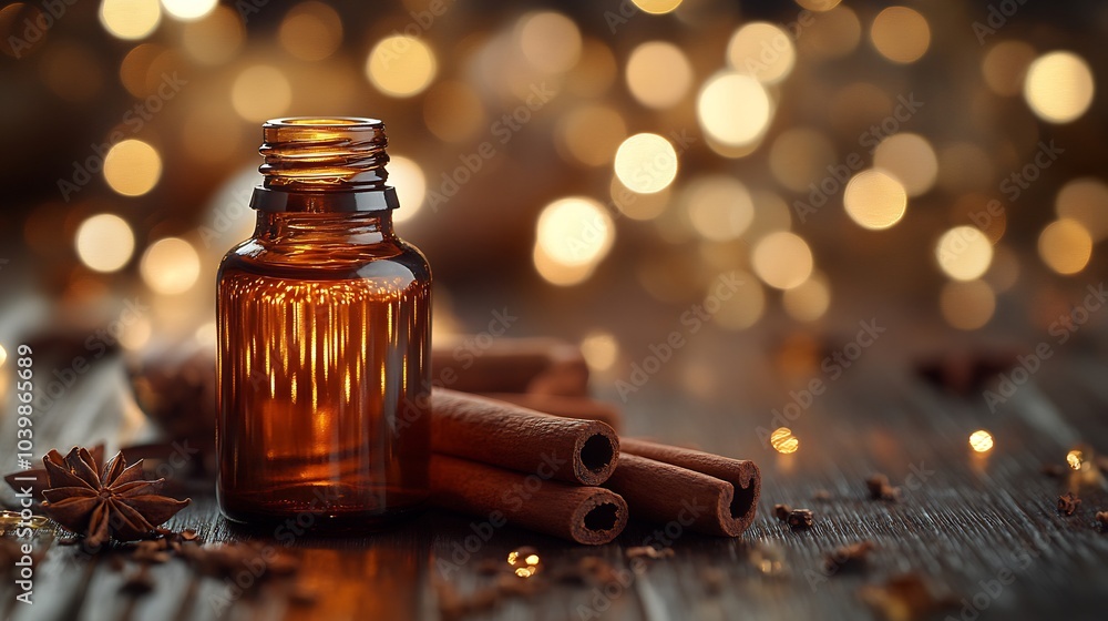 Poster soothing display of cinnamon aromatic essential oil and cinnamon sticks arranged on a dark brown woo