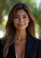 Obraz premium Beautiful latin business woman smiling outdoors with green background
