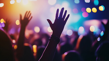 Hands raised in the air at a music concert with colorful lights