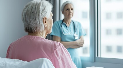 Obraz premium A thoughtful elderly woman in a hospital bed looks out the window as a nurse stands nearby, providing comfort and care.
