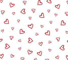 All over seamless vector repeat pattern with ditsy small red hand drawn doodle hearts tossed on white background. Simple cute Valentines day background