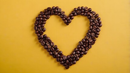 Heart or love shape coffee beans on vibrant yellow solid background, roasted brown caffeine bean warmth & artistic arrangement. top view