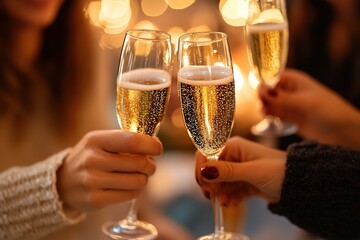 Close-up of hands toasting with champagne glasses.