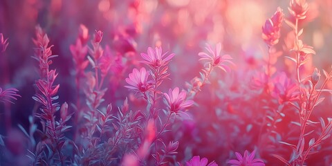An enchanting field of pink flowers blooms under soft, warm sunlight, creating a magical, serene setting.