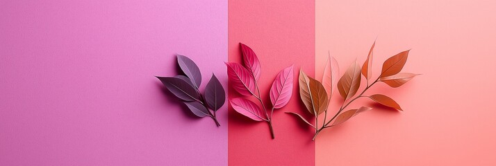 Fototapeta premium A collection of leaves ranging from purple to orange are arranged creatively on a soft pink and orange background.