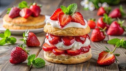 A layered dessert featuring a sweet biscuit base, topped with fresh, juicy strawberries and a dollop of creamy whipped topping