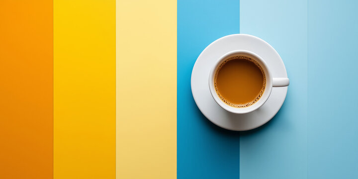 A white coffee cup filled with aromatic coffee, positioned against a vibrant color spectrum for a fresh, lively look.