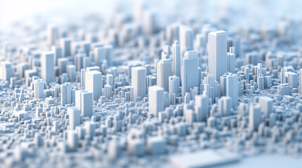 Digital city model with glowing blue buildings