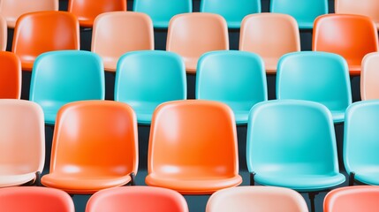 Fototapeta premium Colorful seating arrangement in a modern auditorium showcasing blue and orange chairs in a contemporary design setting.