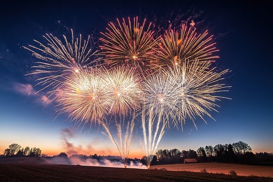 Vibrant fireworks display in twilight sky over fields