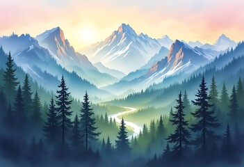 Beautiful painting of mountains and hills, poetic scenery background

