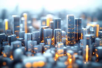 Close-up of a futuristic city model with glowing lights
