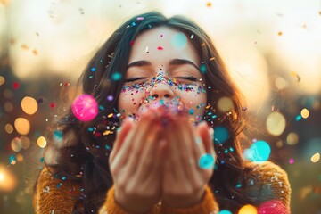 Woman blowing glitter with joy, vibrant colors in air