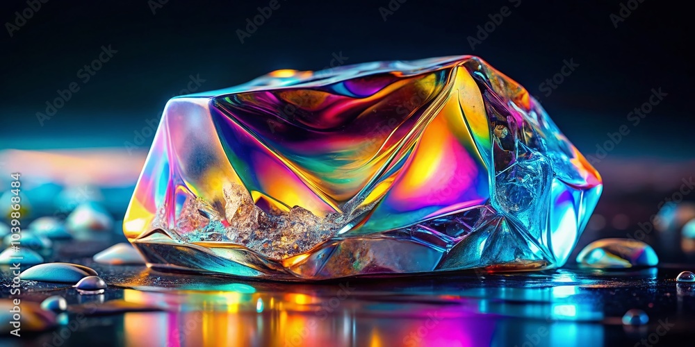 Poster chrome holographic ice fragment with intricate patterns for stock photography