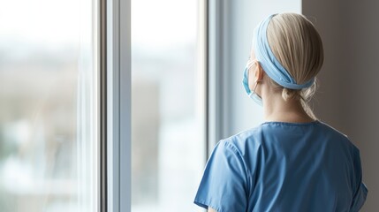 Fototapeta premium A healthcare professional in scrubs and a mask gazes thoughtfully out a window, reflecting on their experiences.