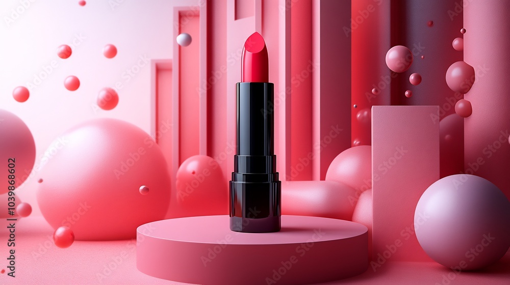 Aufkleber striking lipstick mockup displayed on a pink pedestal surrounded by abstract geometric shapes with a