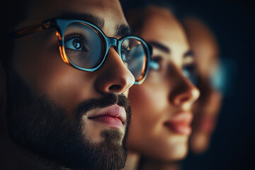 Group of people with glasses looking forward in a dark environment