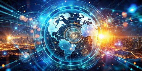 Obraz premium Circular Tech Science in Double Exposure with Global Light Effects for Futuristic Imagery