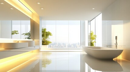Fototapeta premium Modern Bathroom with City Skyline View