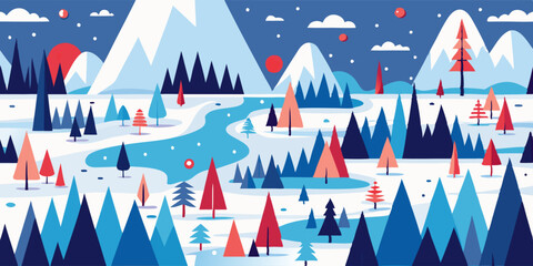 Fototapeta premium Winter wonderland landscape illustration - mountains, trees, and river in a stylized design for holiday cards or winter posters