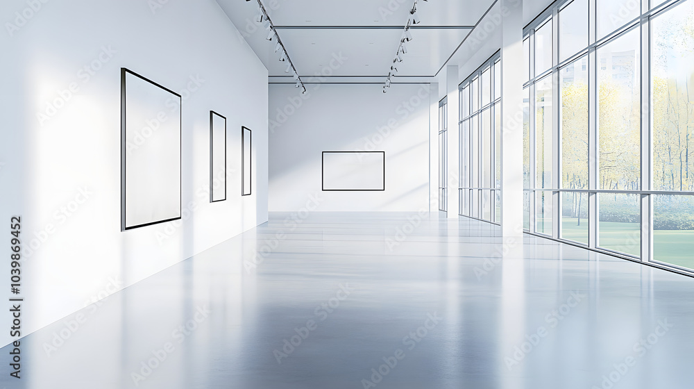 Canvas Prints Modern empty art gallery with white walls and large windows.