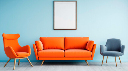 Orange sofa, couch and chair near light blue wall with poster, picture, photo, logo frame. Modern Scandinavian interior design.
