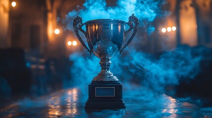Striking silver trophy resting on a pedestal engulfed in blue smoke against a dark backdrop evoking a sense of achievement and prestige in a competitive atmosphere