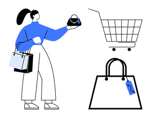 A woman holding shopping bags while inspecting a handbag, a shopping cart, and another shopping bag. Ideal for online shopping, e-commerce, retail marketing, consumer behavior, digital sales. Simple
