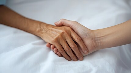 Two hands clasping each other gently, symbolizing connection, support, and empathy in a serene setting.