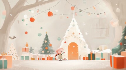 happy cute paper craft style illustration of a small fairytale village in winter forest full with joy at Christmas celebration time