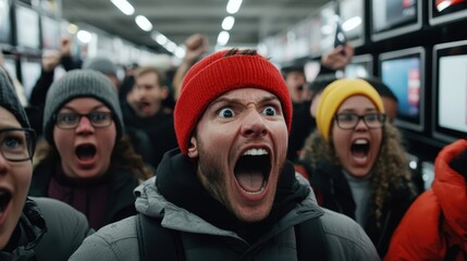 A crowd of excited people, led by a man in a red hat, loudly expressing enthusiasm in a vibrant setting.