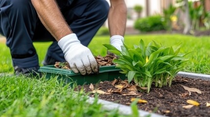 A man in blue pants and gloves is collecting leaves into large bags for spring garden cleaning in a bright backyard setting