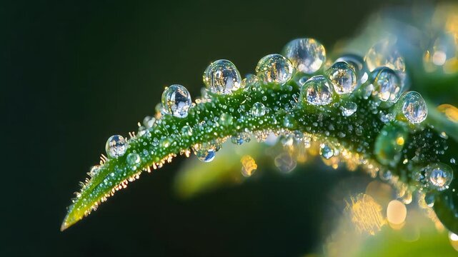 Close-Up of Cannabis Trichomes with Dew Drops
