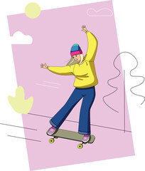 A girl in jeans, a sweatshirt and a hat rides or learns to skateboard. Vector flat illustration