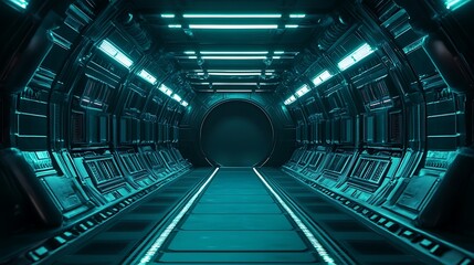 Fototapeta premium Futuristic Spaceship Corridor with Teal Lighting