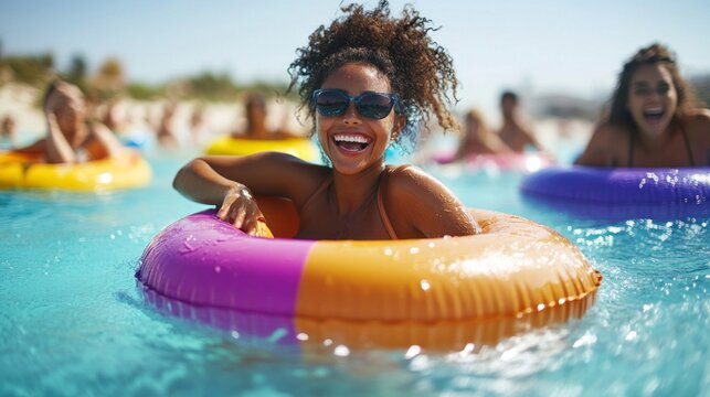 A woman is in a pool with a purple and orange inflatable ring - Powered by Adobe