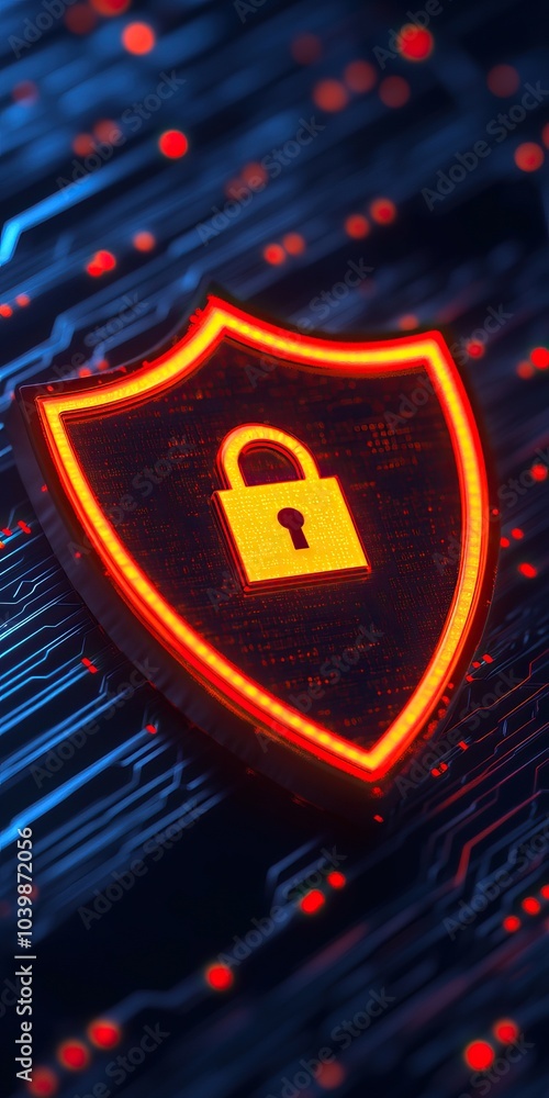Poster a glowing padlock symbol on a digital circuit background, representing cybersecurity and data protec