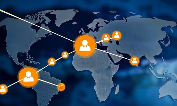 Abstract glowing world map with connecting lines, representing global network.