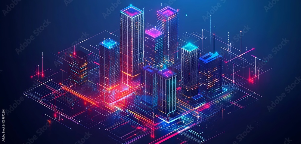Poster digital twin concept visualized through a building integrated with smart city technologies.