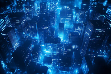 Futuristic aerial view of a digital city glowing in blue light