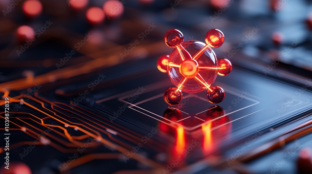 Aufkleber abstract digital technology with glowing atomic structure on circuit board.