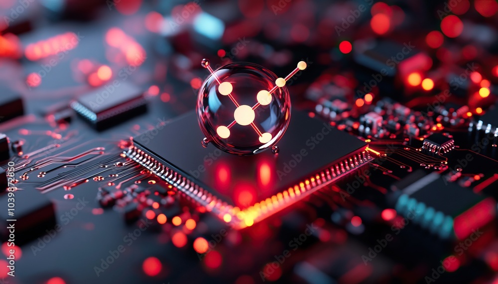 Poster abstract digital technology background showcasing a circuit board with glowing elements and a centra