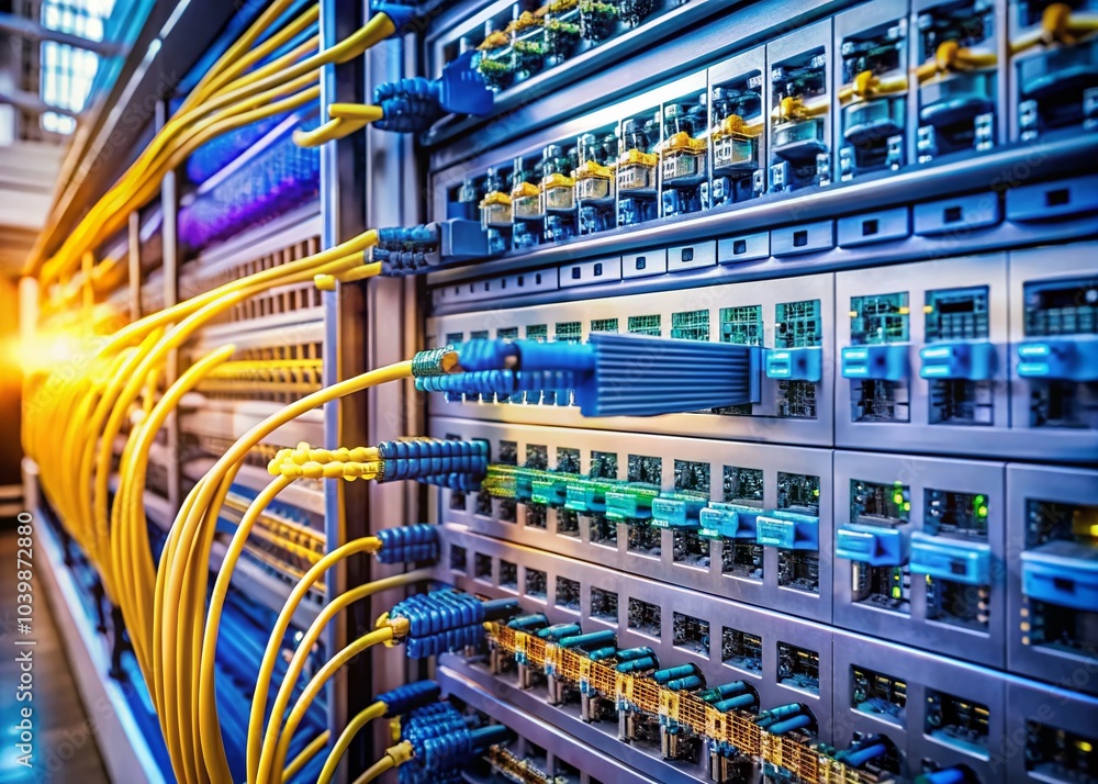 Aufkleber close-up of fiber optic cables in server room with ethernet connections in data center for networkin