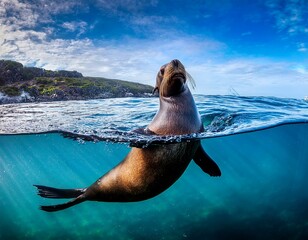 un león marino flotando en el mar