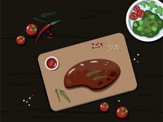 Juicy fried steak with rosemary and sauce on a wooden board. Dinner of salad and meat. Food illustration