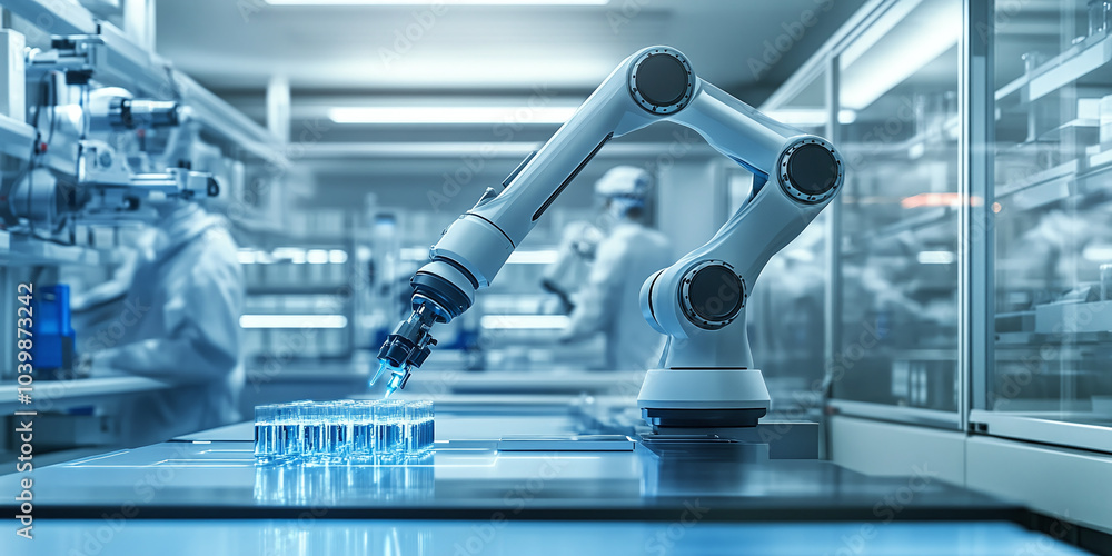 Poster a sleek robotic arm operates in an advanced laboratory, assisting with precision tasks in a futurist