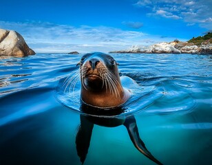 un león marino flotando en el mar