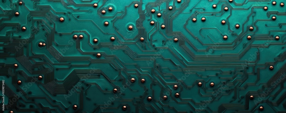 Poster close-up of a circuit board with intricate patterns and metallic components on a vibrant teal backgr