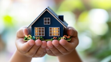 Child holding a small model house in hands, showcasing concepts of home ownership and family.